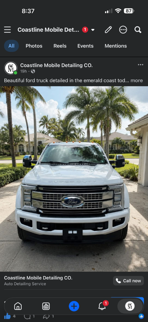 Coastline Mobile Detailing Facebook post of a detailed Ford Super Duty truck