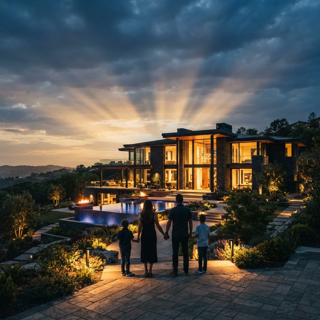 Luxury modern mansion at twilight