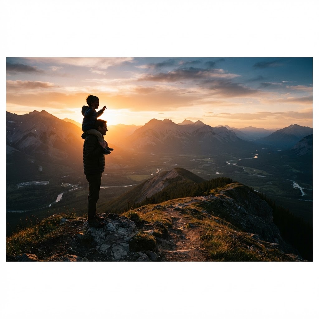 Padre con su hijo mirando un valle al atardecer