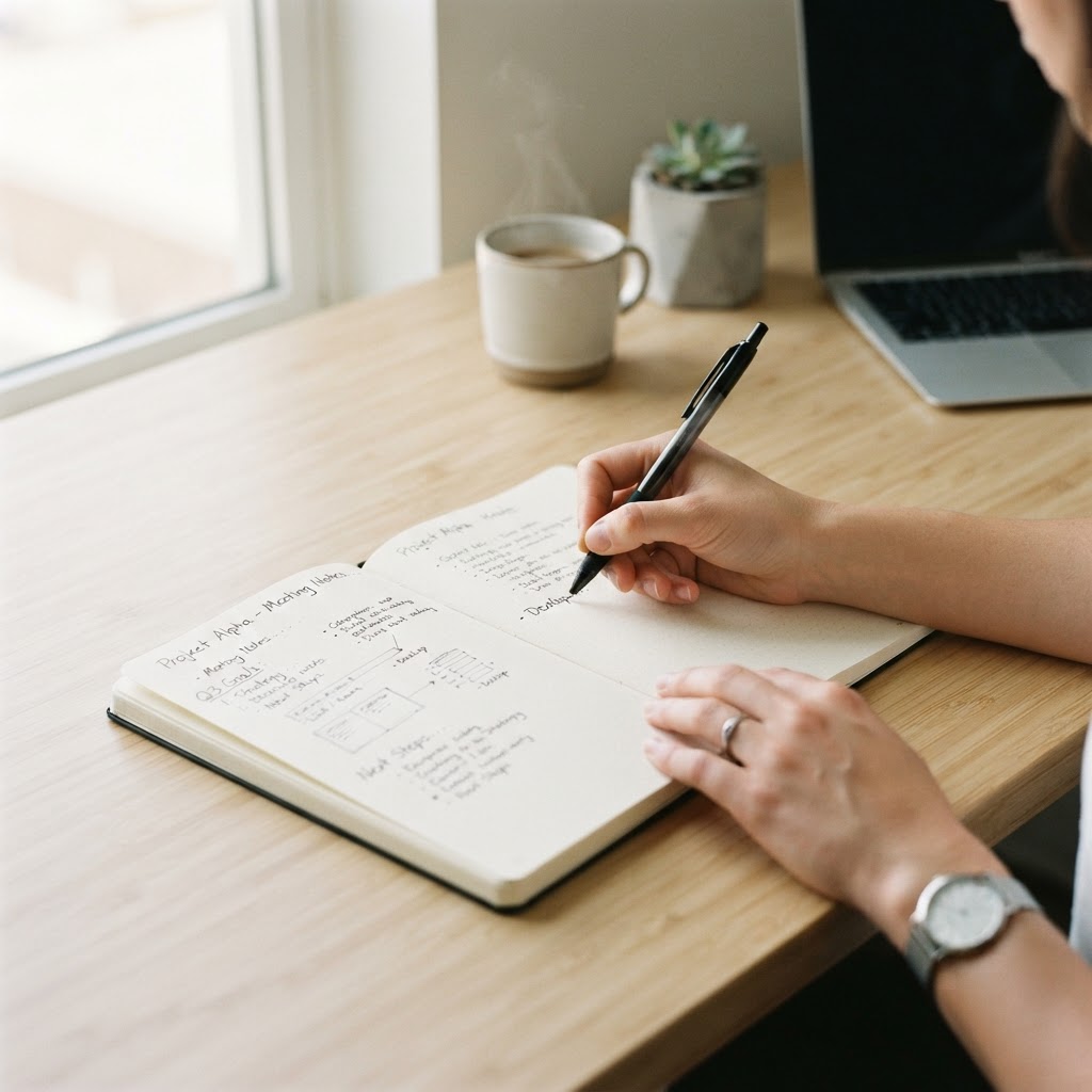 Escribiendo en un cuaderno sobre el escritorio