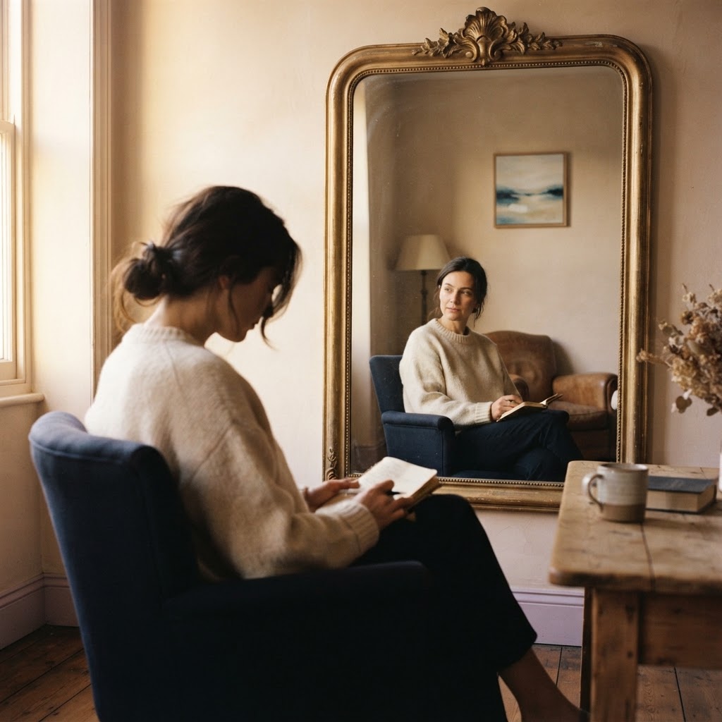 A person sitting near a large mirror, reflecting on their situation from a different perspective