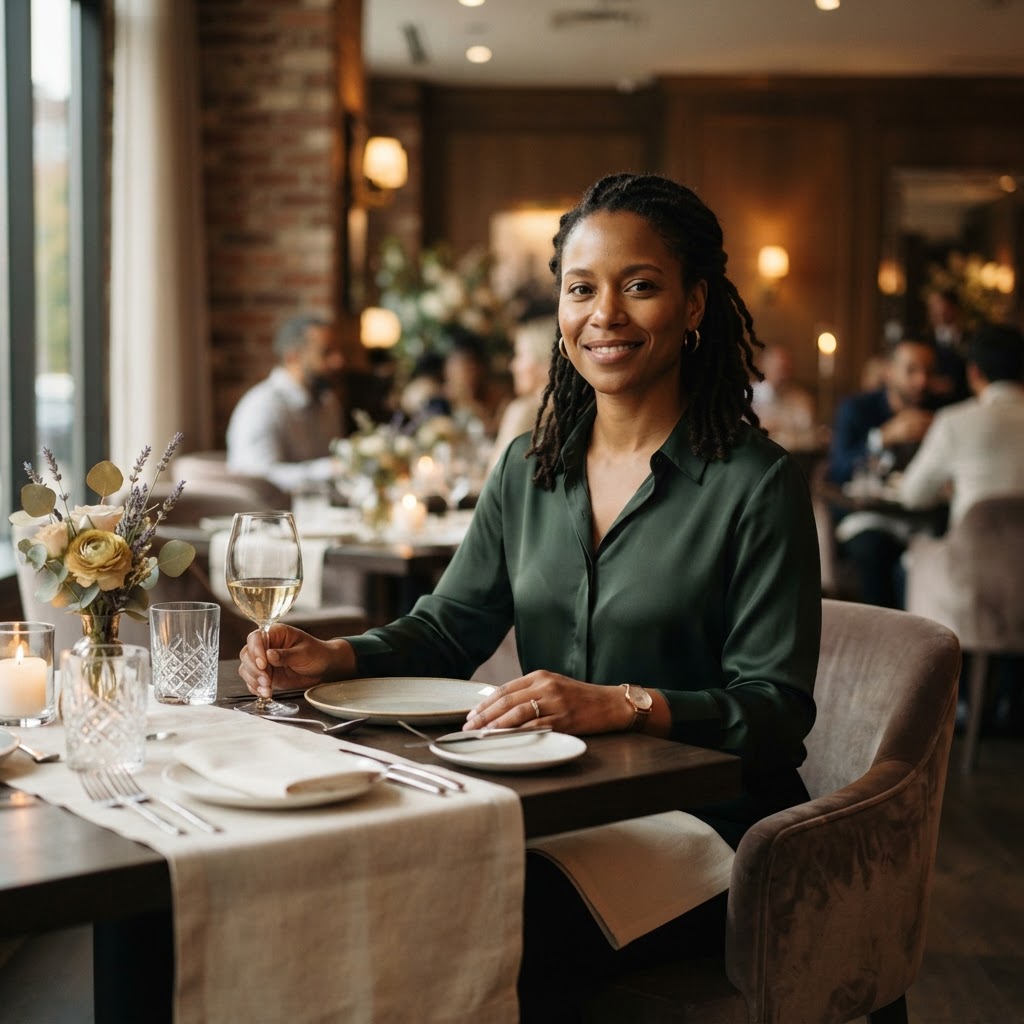 A person sitting confidently at a beautiful table, comfortable in their own presence