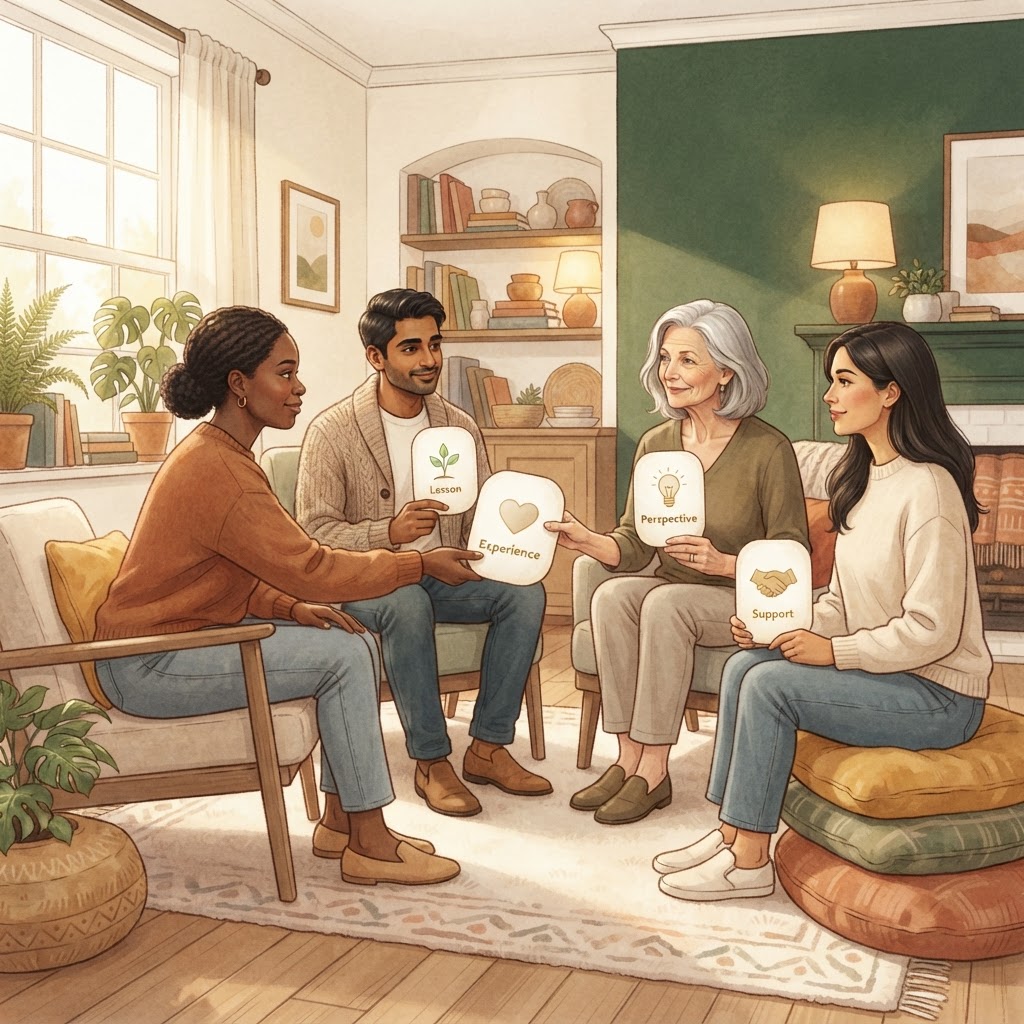 People exchanging experience cards in a warm community setting