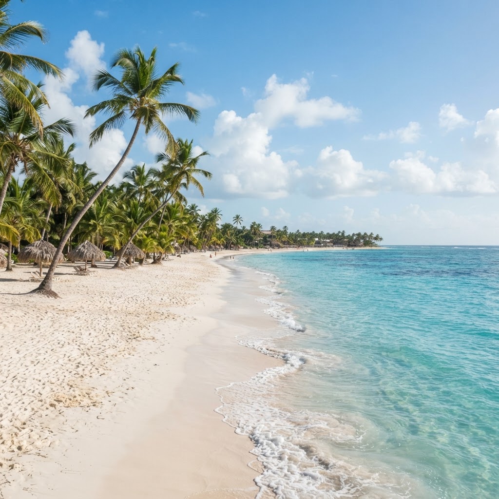 Playa de arena blanca y palmeras en Punta Cana