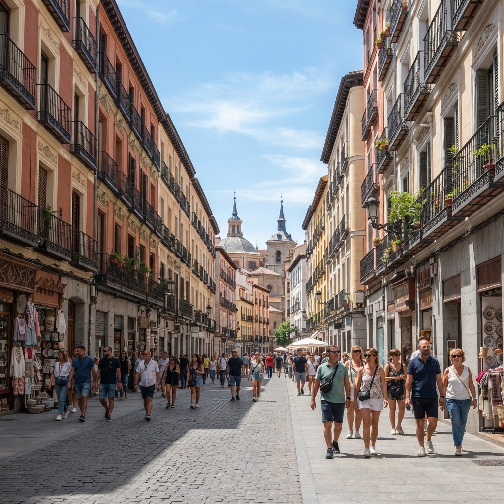 Paisaje urbano de Madrid con personas caminando en una calle histórica
