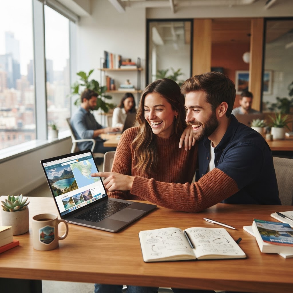 Pareja planificando un viaje al exterior con una laptop
