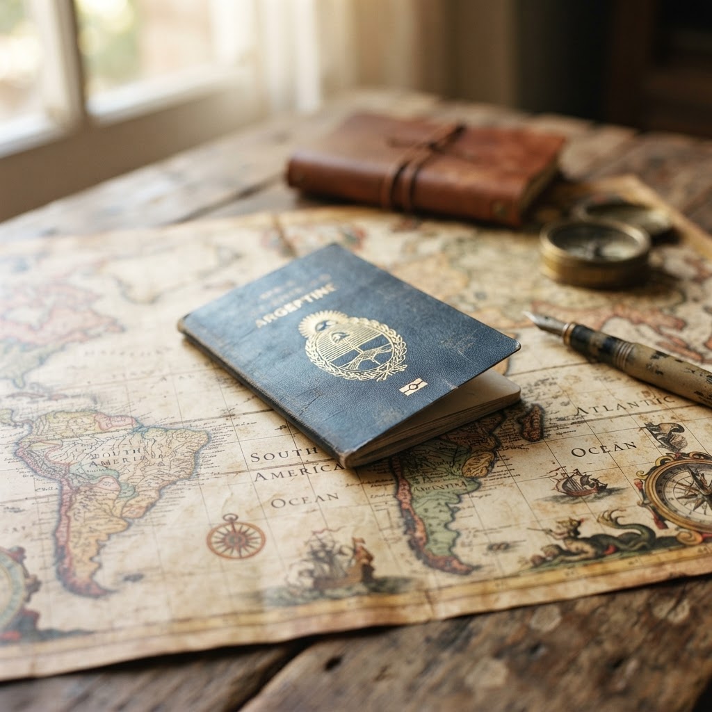 Pasaporte argentino sobre un mapa del mundo