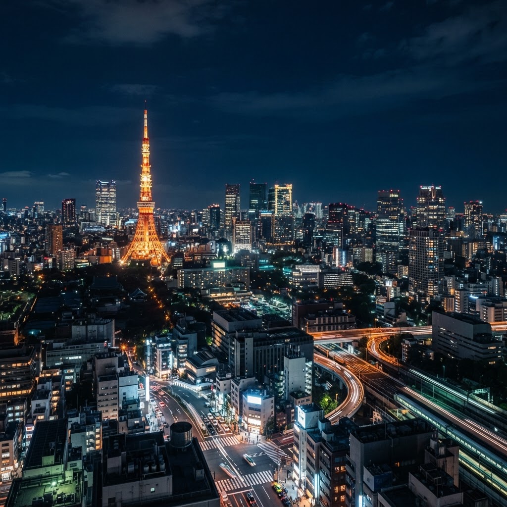 Vista panorámica de la ciudad de Tokio con la Torre de Tokio iluminada