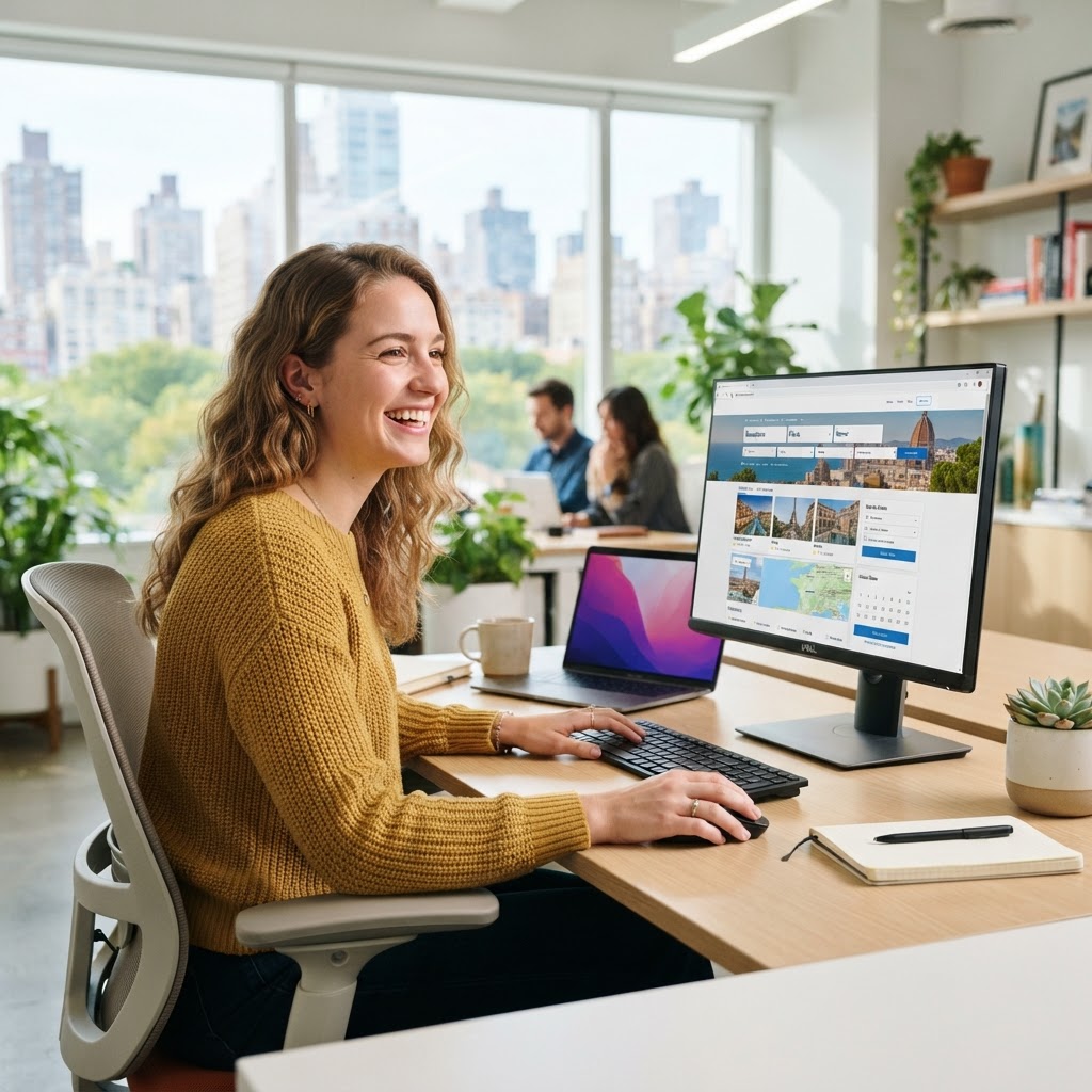 Persona feliz comprando un viaje online