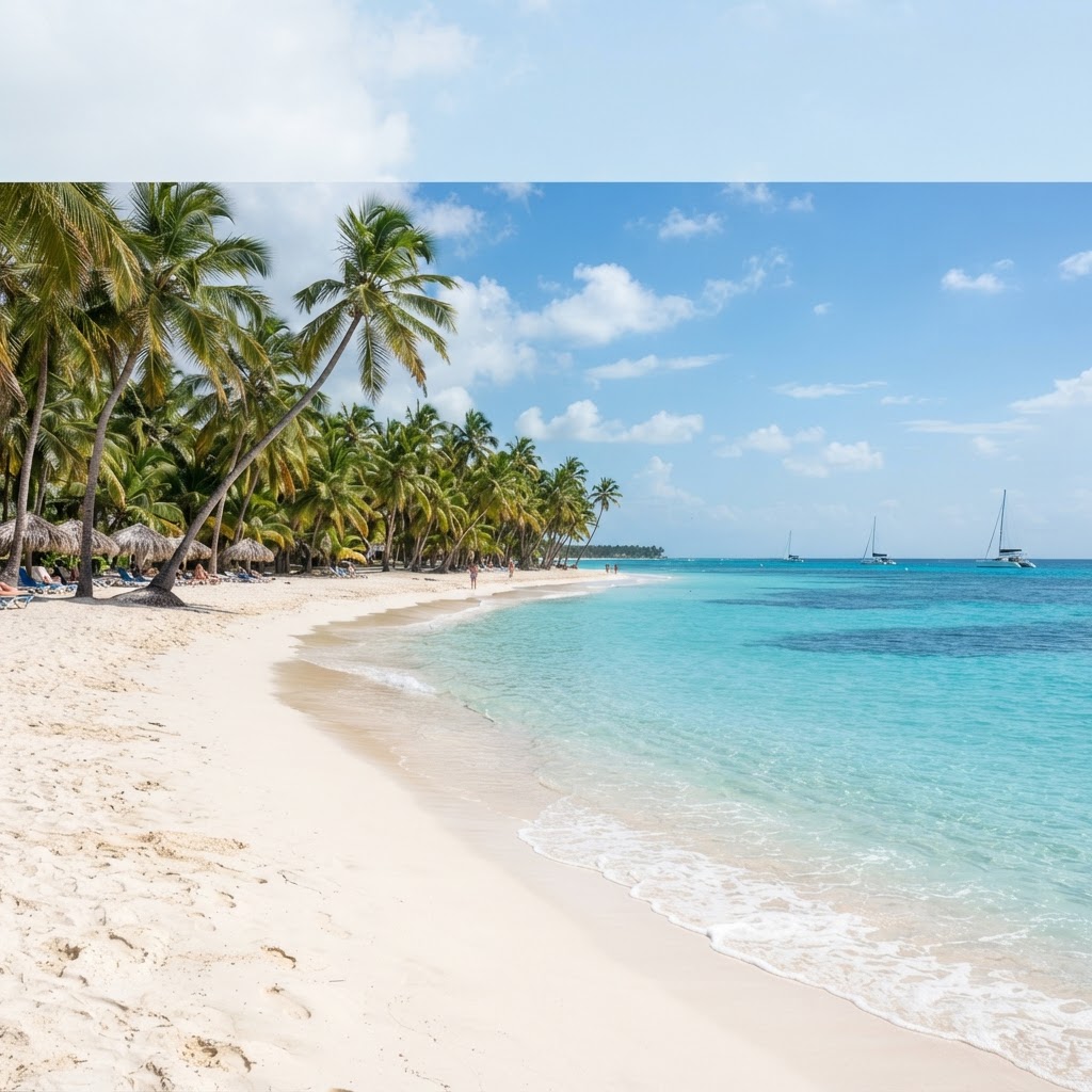 Playa de arena blanca y palmeras en Punta Cana