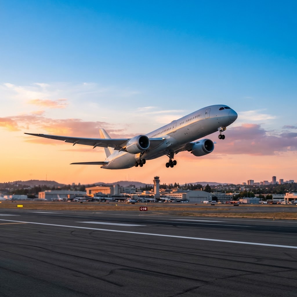 Avión despegando al atardecer