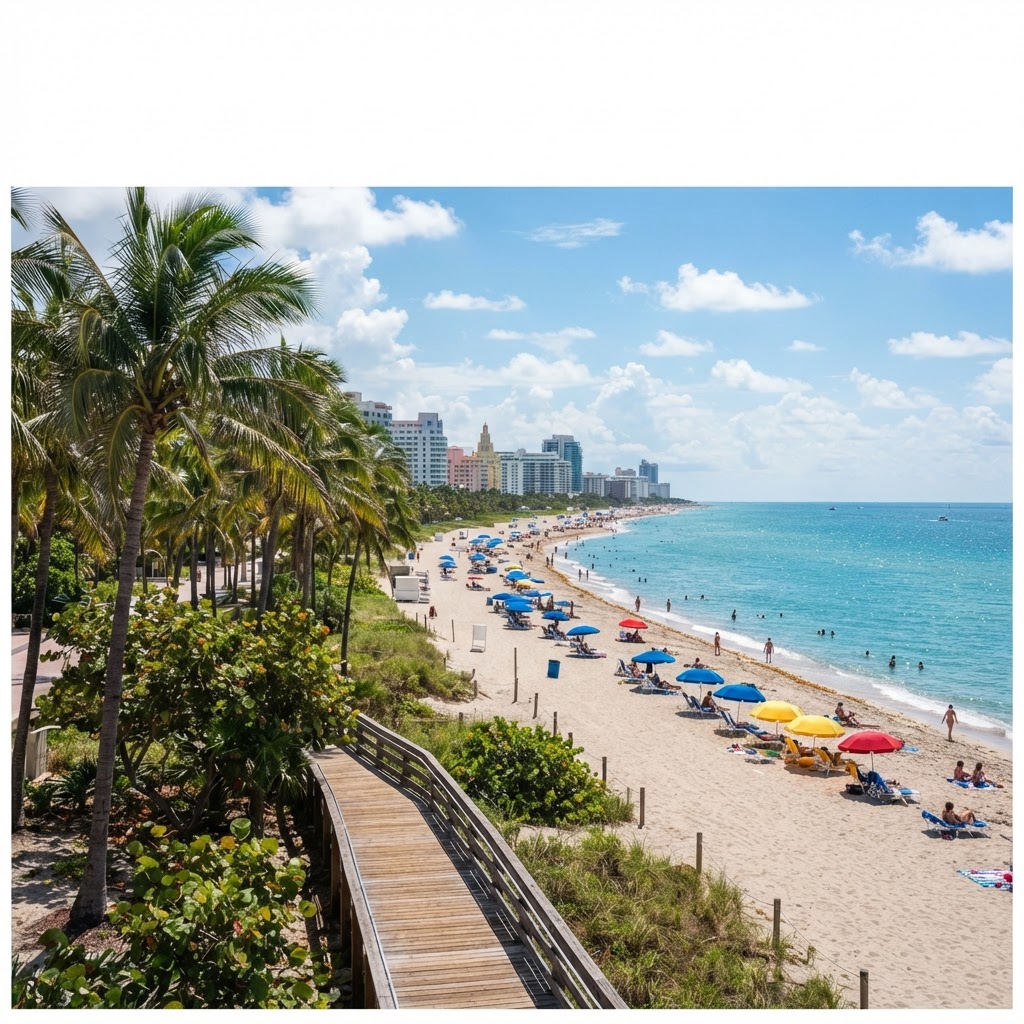 Paisaje urbano de Miami con playa