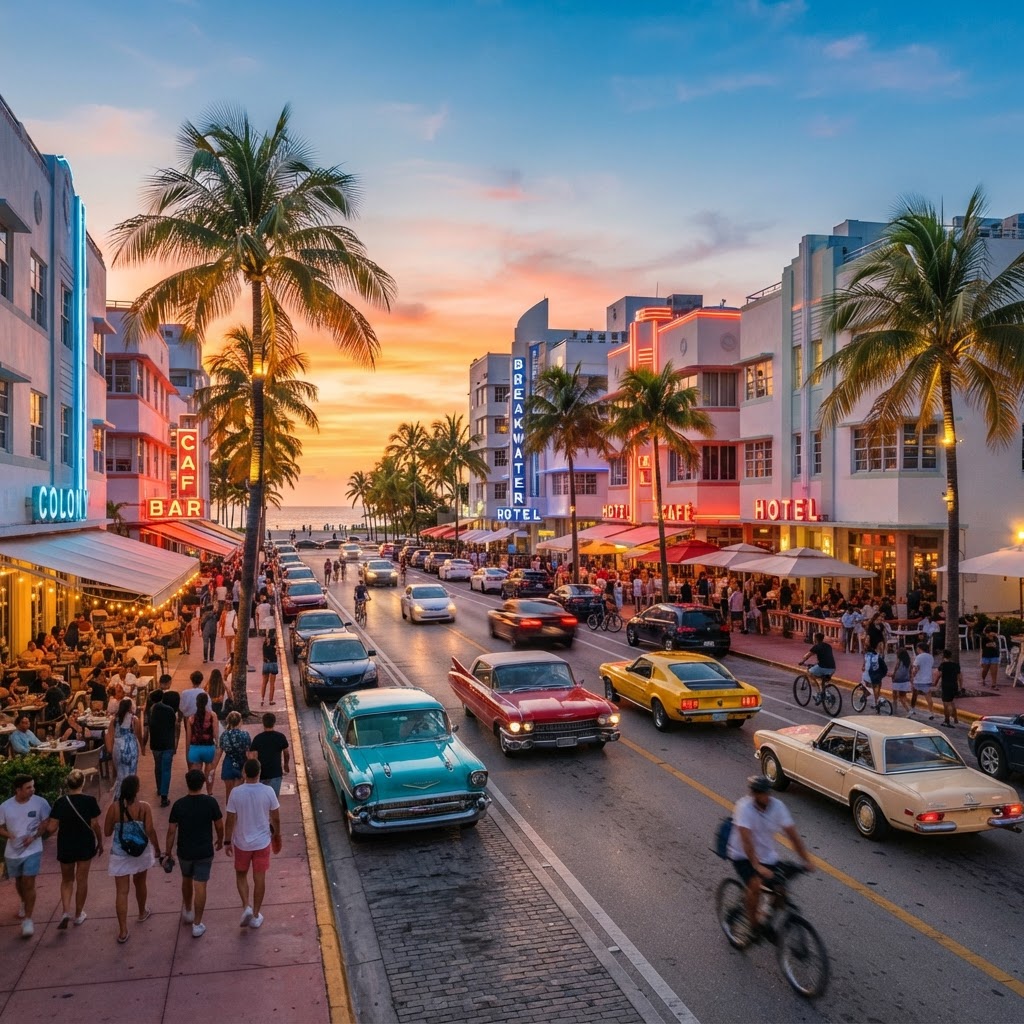 Vista de Ocean Drive en Miami con autos clásicos