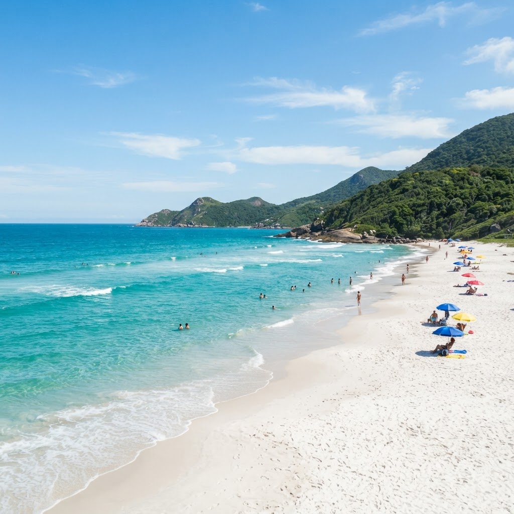 Playa paradisíaca en Florianópolis con turistas disfrutando del sol