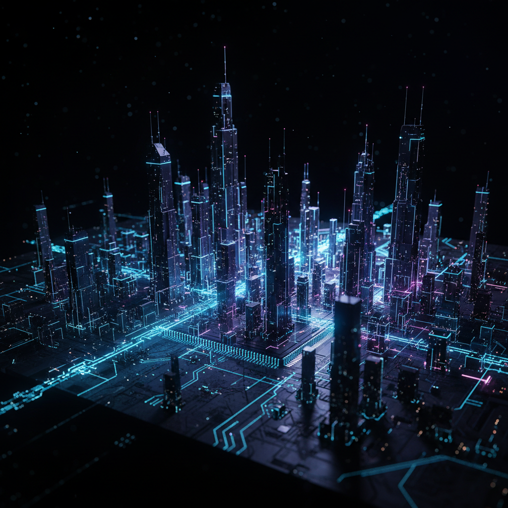 Abstract circuit cityscape representing Gloria's technical world