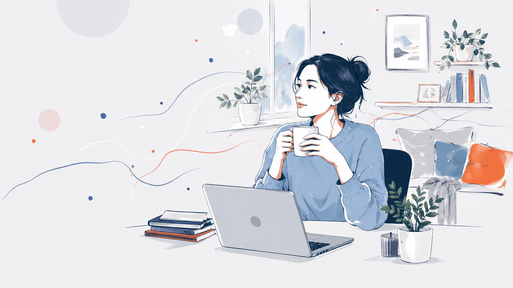 自宅でノートPCを使いながら、マグカップを手にひと息つく人物のイラスト