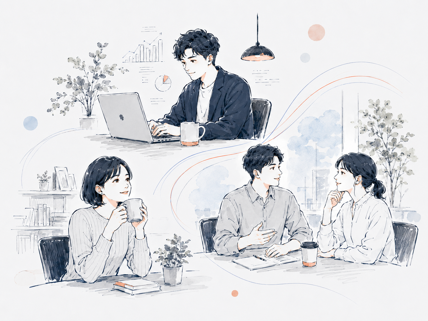 AAAで働く人の仕事や対話、休憩の様子を描いたPeople at AAAのイラスト