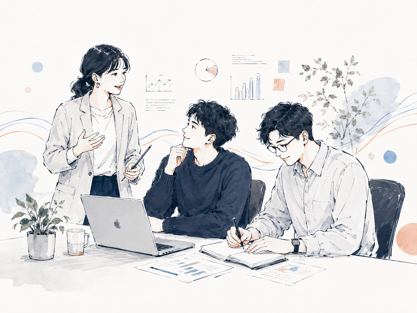 異なる役割を持つ3人のメンバーが対話しながら協働しているイラスト