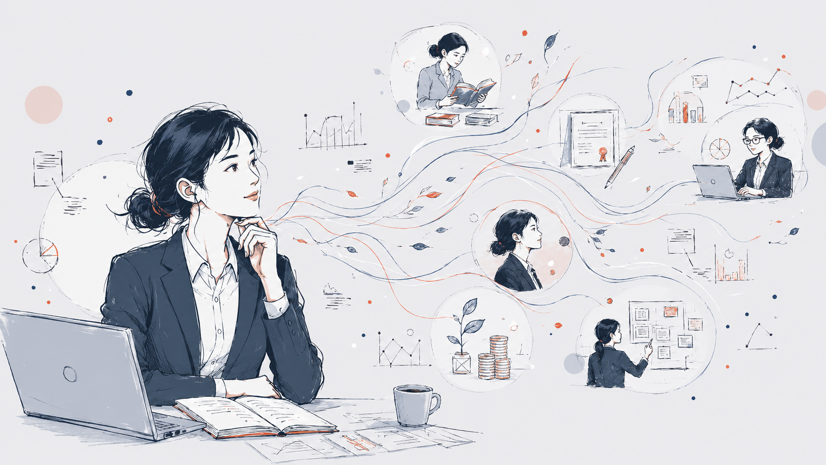 働く人を中心に、学びや資格、キャリア、将来設計など複数の未来への広がりを描いたイラスト図解