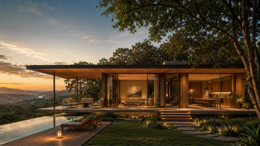 Residência contemporânea ao entardecer