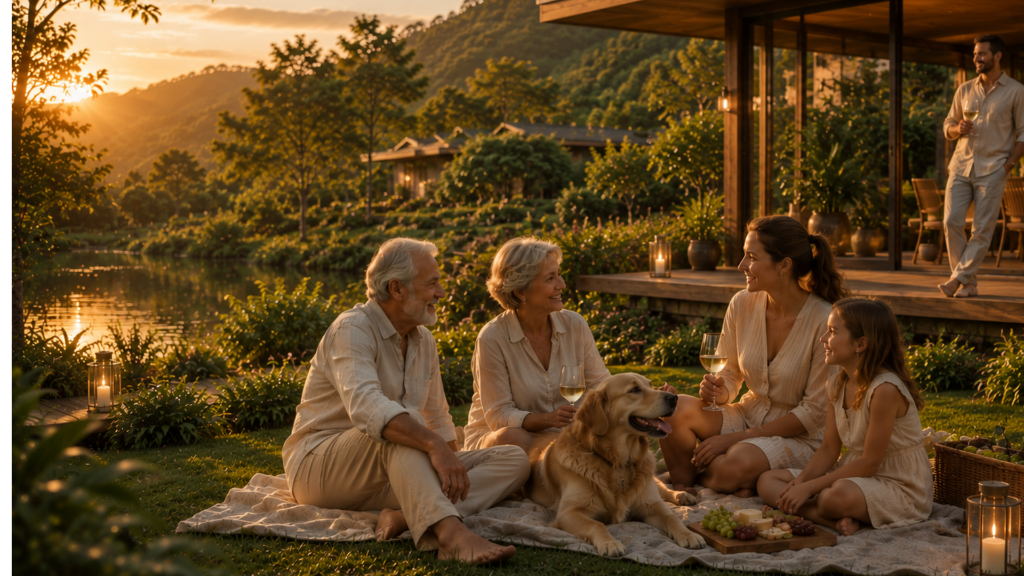 Família desfrutando do pôr do sol no Alpen Ville