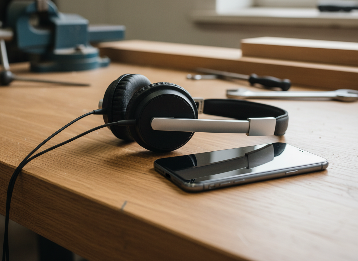 Professional phone and headset on an oak workshop table