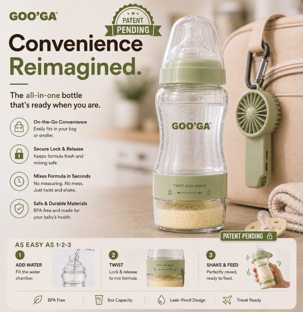 Goo'Ga patent-pending baby bottle on a kitchen countertop with formula powder and scoop, showing the twist-to-mix mechanism