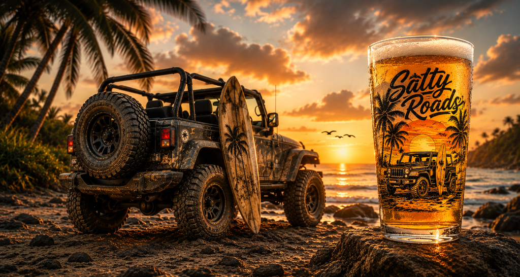 Salty Roads branded pint glass on a beach at sunset with a Jeep parked nearby