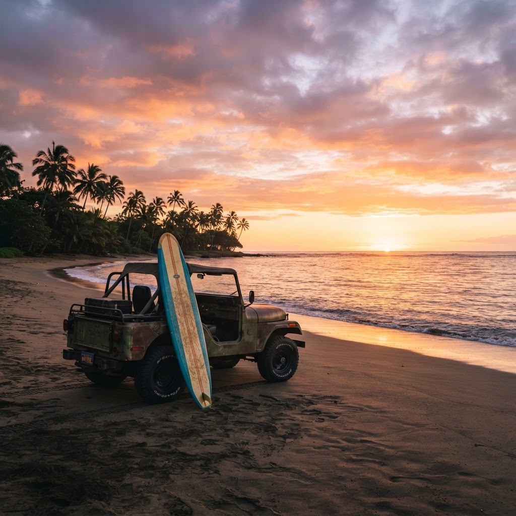 Coastal sunset with a Jeep, surfboard, palm trees, and ocean