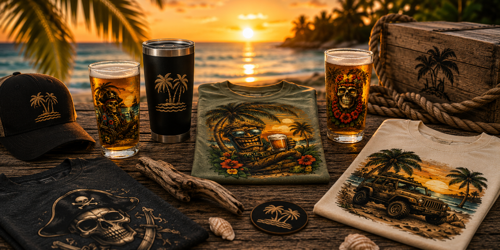 Collection of pint glasses on a beachside bar