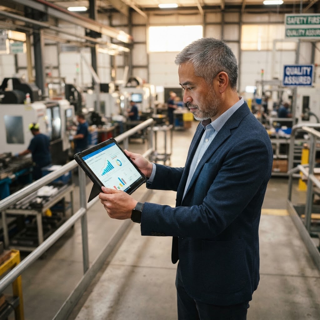 Established business owner reviewing growth plans in a manufacturing facility