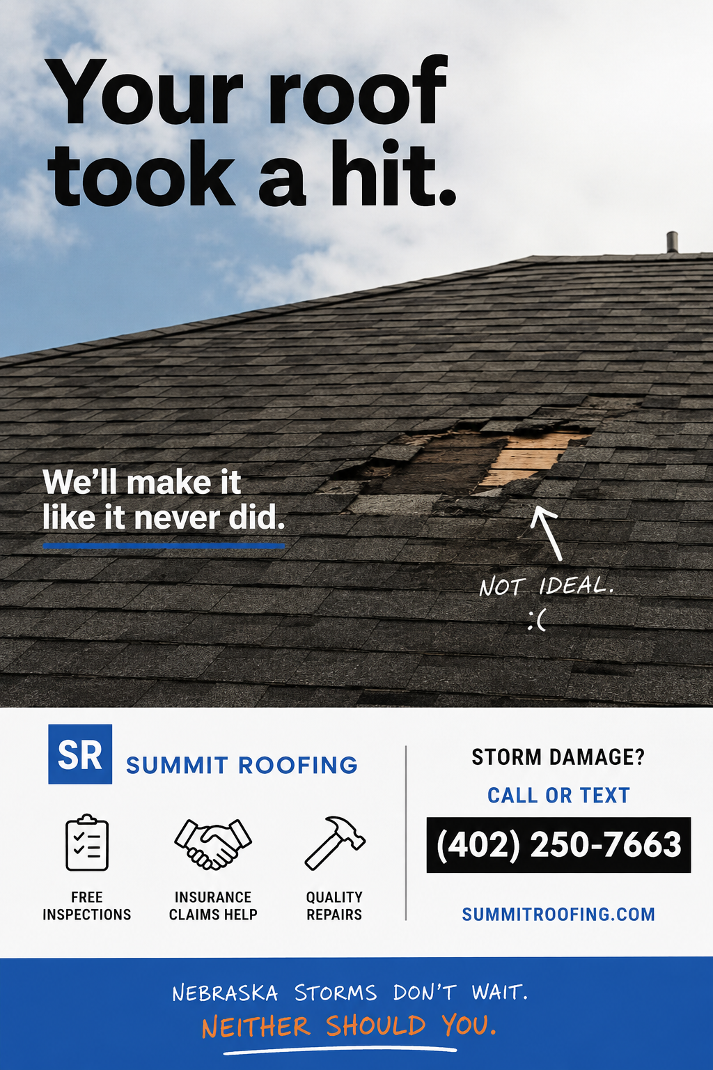 Summit Roofing storm damage ad