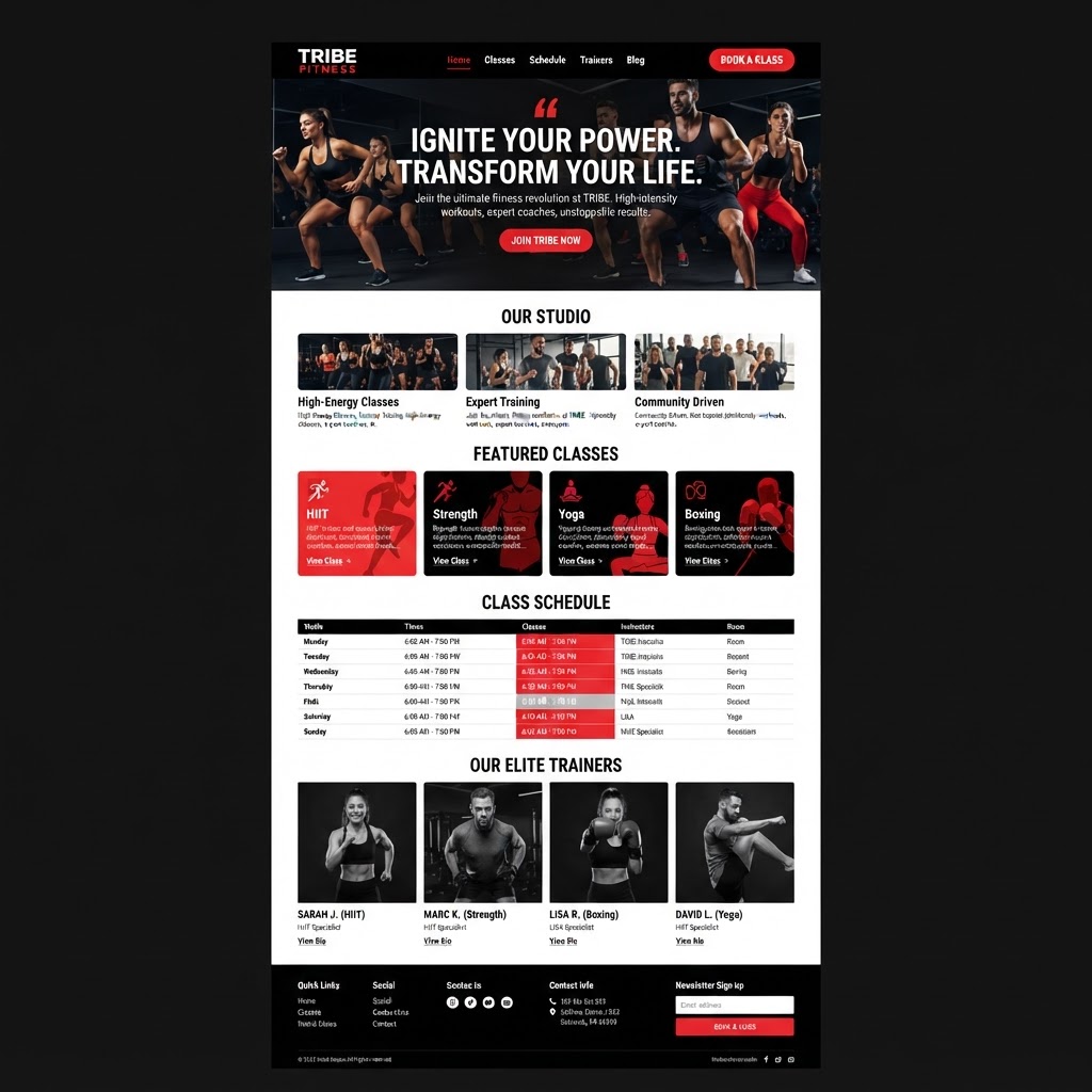 Fitness Studio website, sample design work