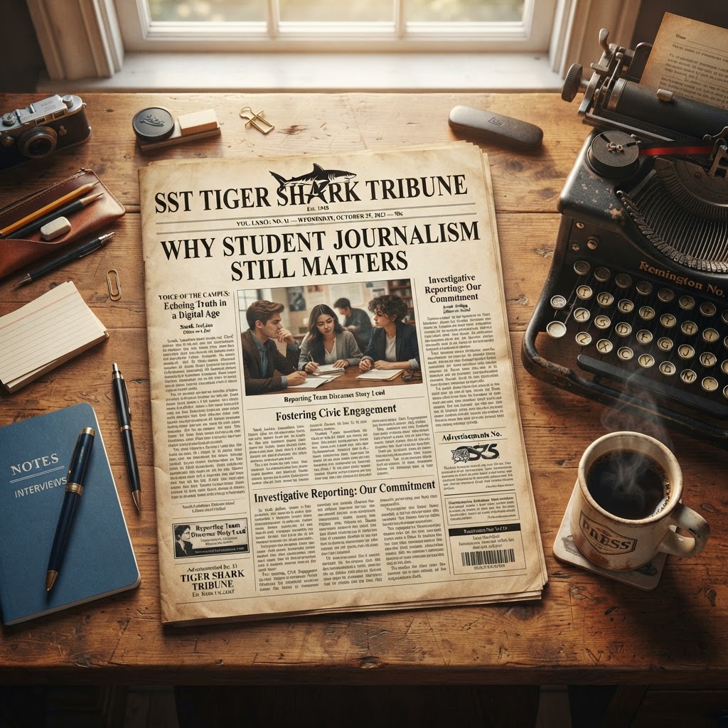 SST Tiger Shark Tribune newspaper front page on a warm editorial desk