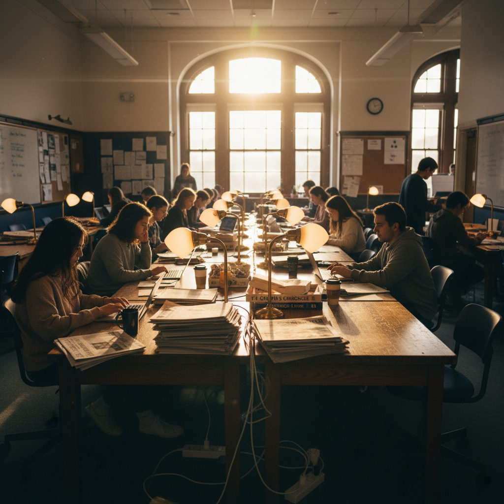 Student newsroom with desks, laptops, and newspapers