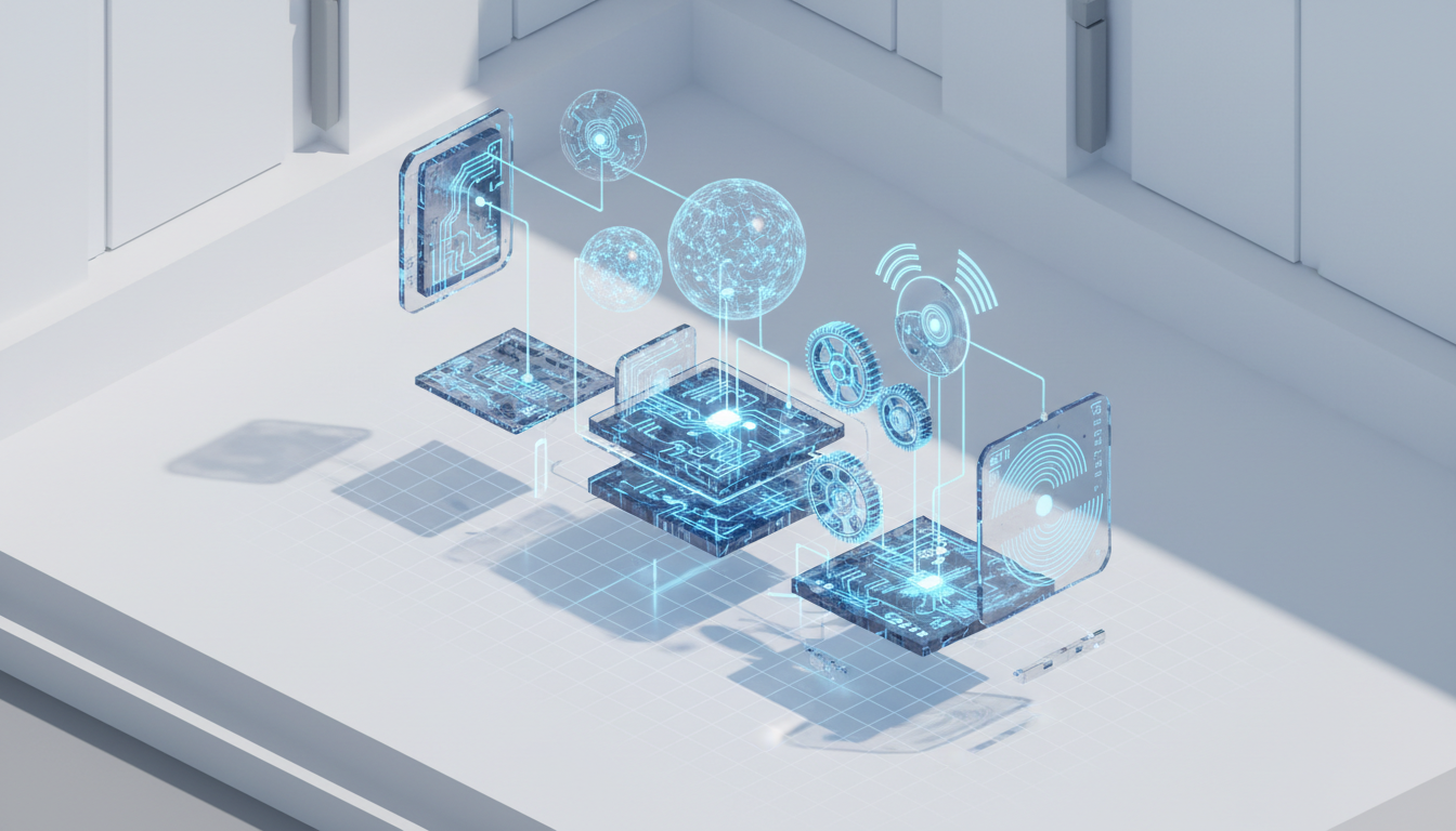 3D isometric growth engine with translucent glass components and glowing cobalt circuits