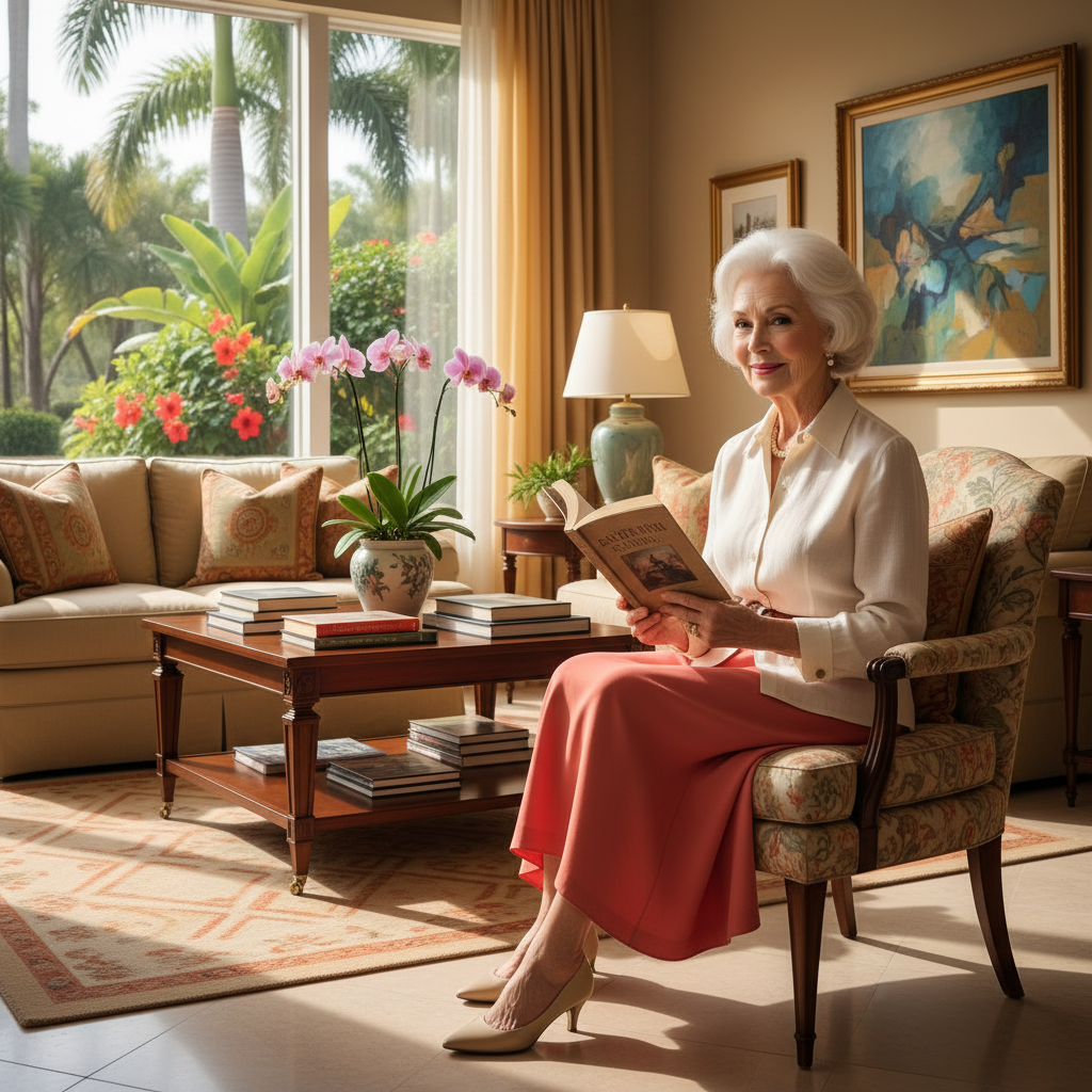 Elderly woman relaxing comfortably at home in South Florida