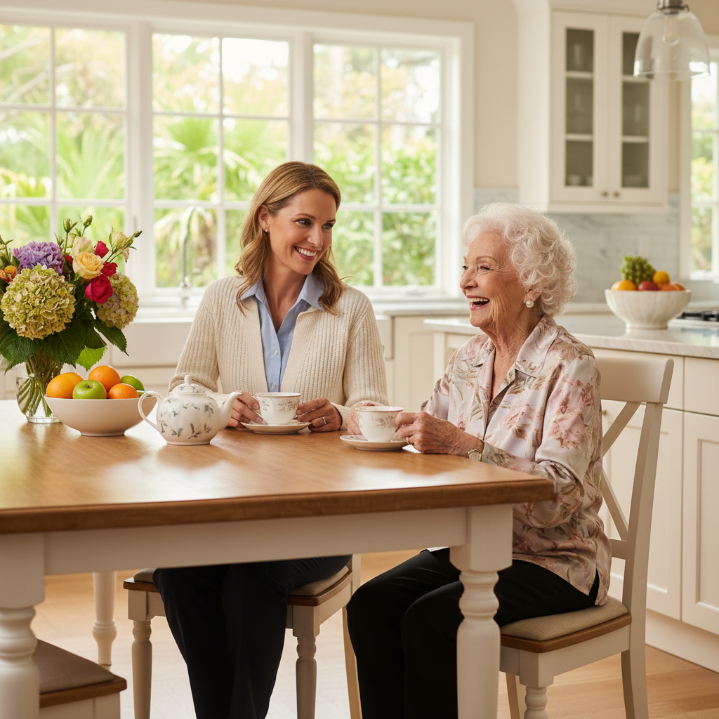 Caregiver and senior enjoying time together at home