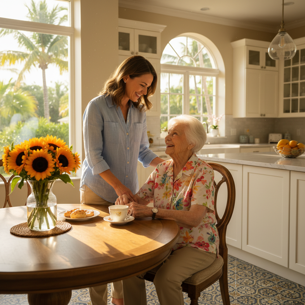 Caregiver assisting a senior woman at a sunlit kitchen table