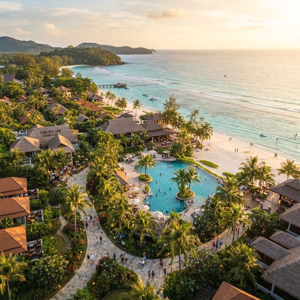 Diverse groups of guests enjoying a tropical beach resort at golden hour