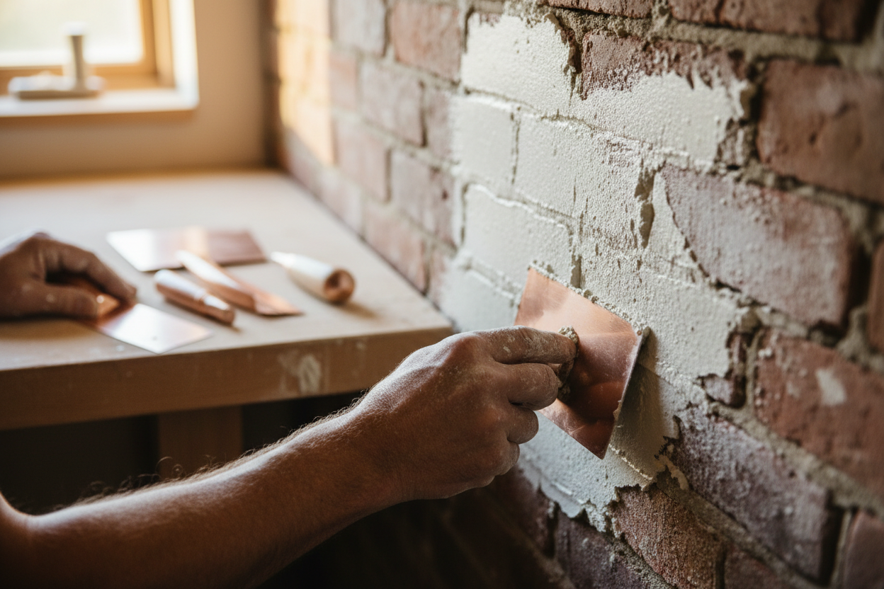 Artisan applying German smear mortar