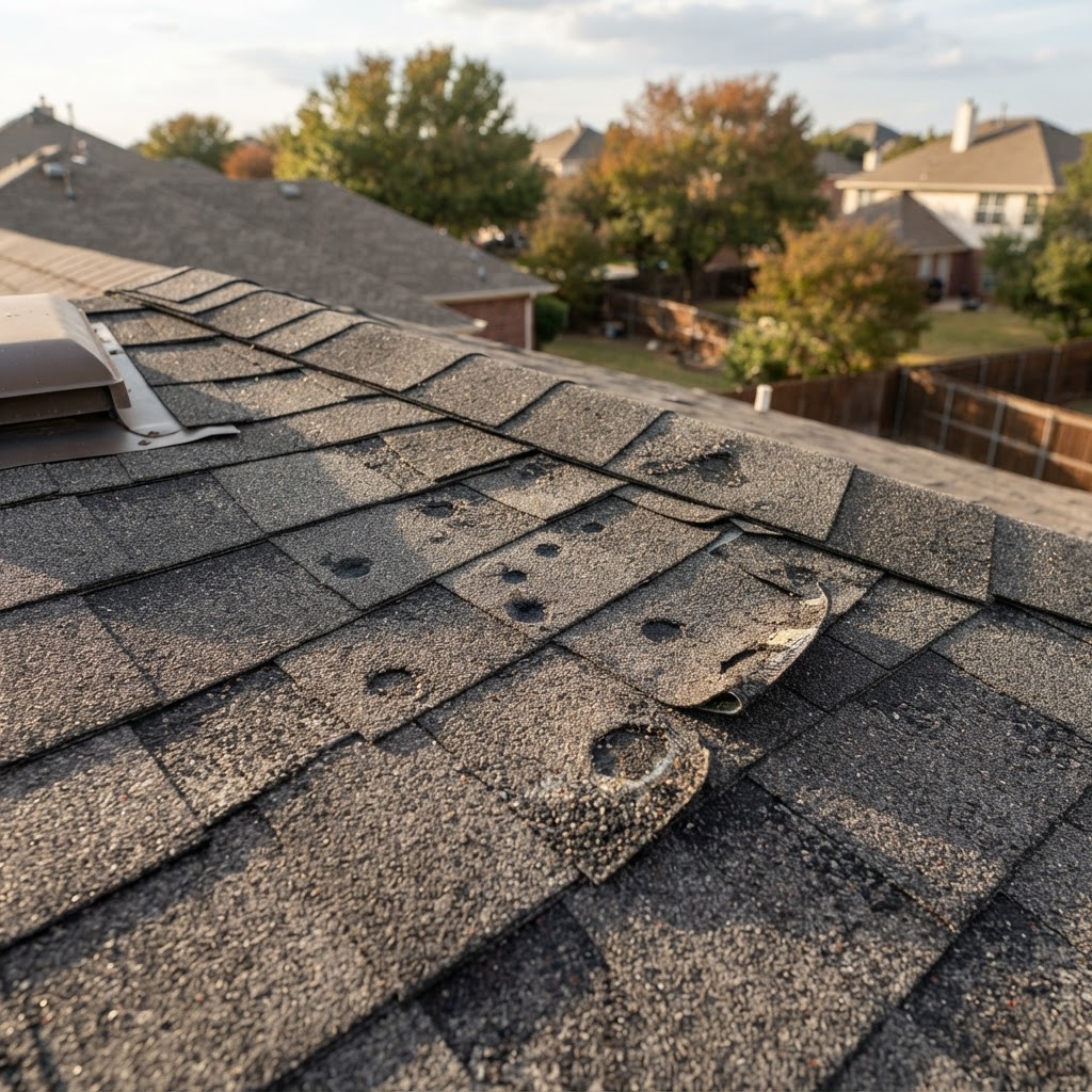 DFW home roof with subtle hail bruising and lifted shingles