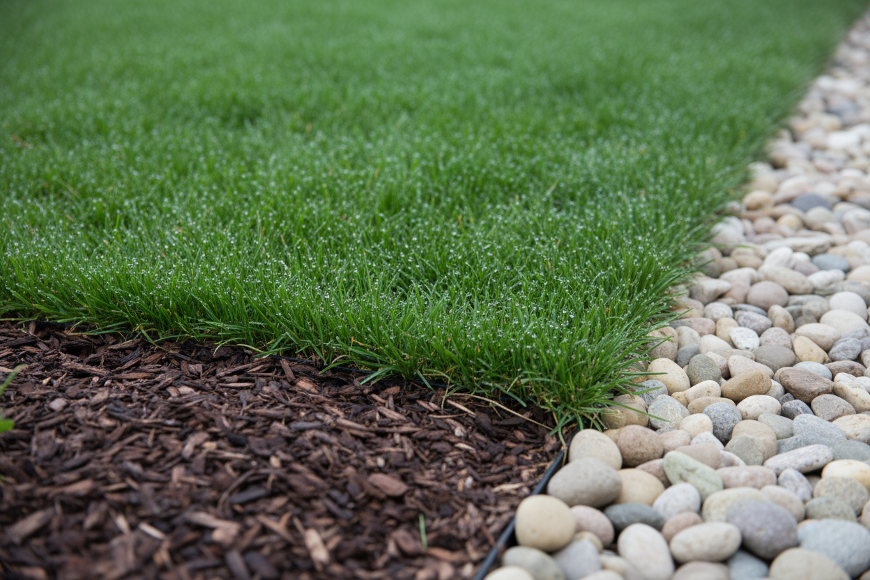 Close-up of a perfectly edged lawn with morning dew