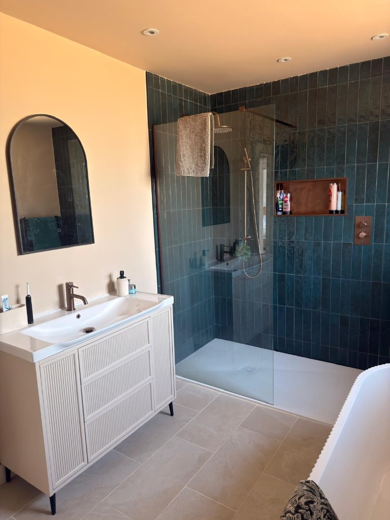 Teal Tiled Walk-in Shower Bathroom — bespoke bathroom renovation by JPT Plumbing & Bathrooms in West Wales