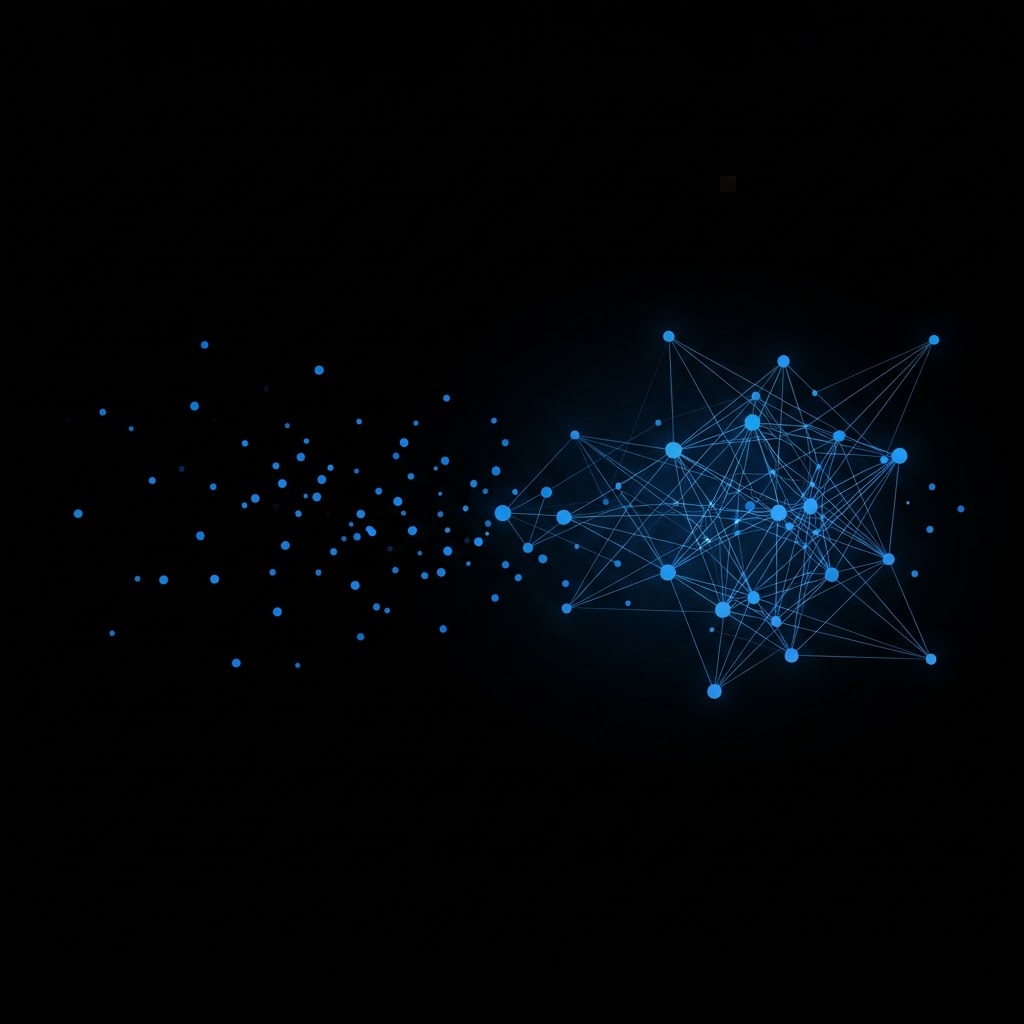 Ilustración de puntos dispersos que convergen en un grupo organizado de ideas, en azul sobre fondo negro.
