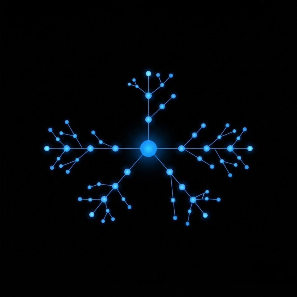 Ilustración de una idea central que se ramifica en caminos de aprendizaje con nodos azules sobre fondo negro.