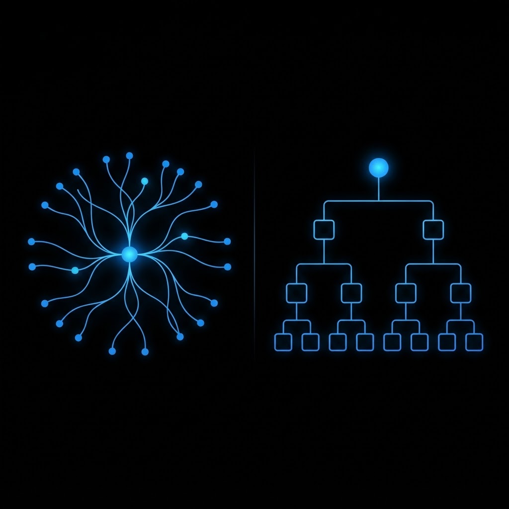 Ilustración que compara un mapa mental radial con un diagrama conceptual de red, en azul sobre fondo negro.