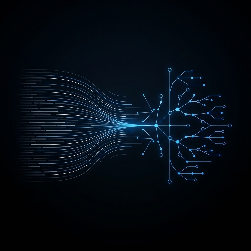 Ilustración de líneas de texto transformándose en un diagrama de árbol, en azul sobre fondo negro.