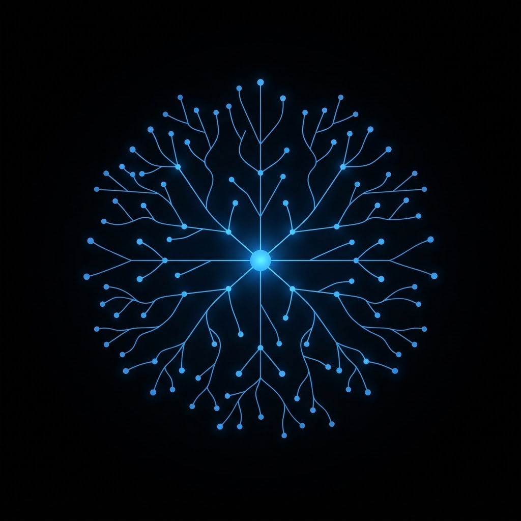 Ilustración de un árbol de ideas: un nodo central azul con ramas que se expanden sobre fondo negro.