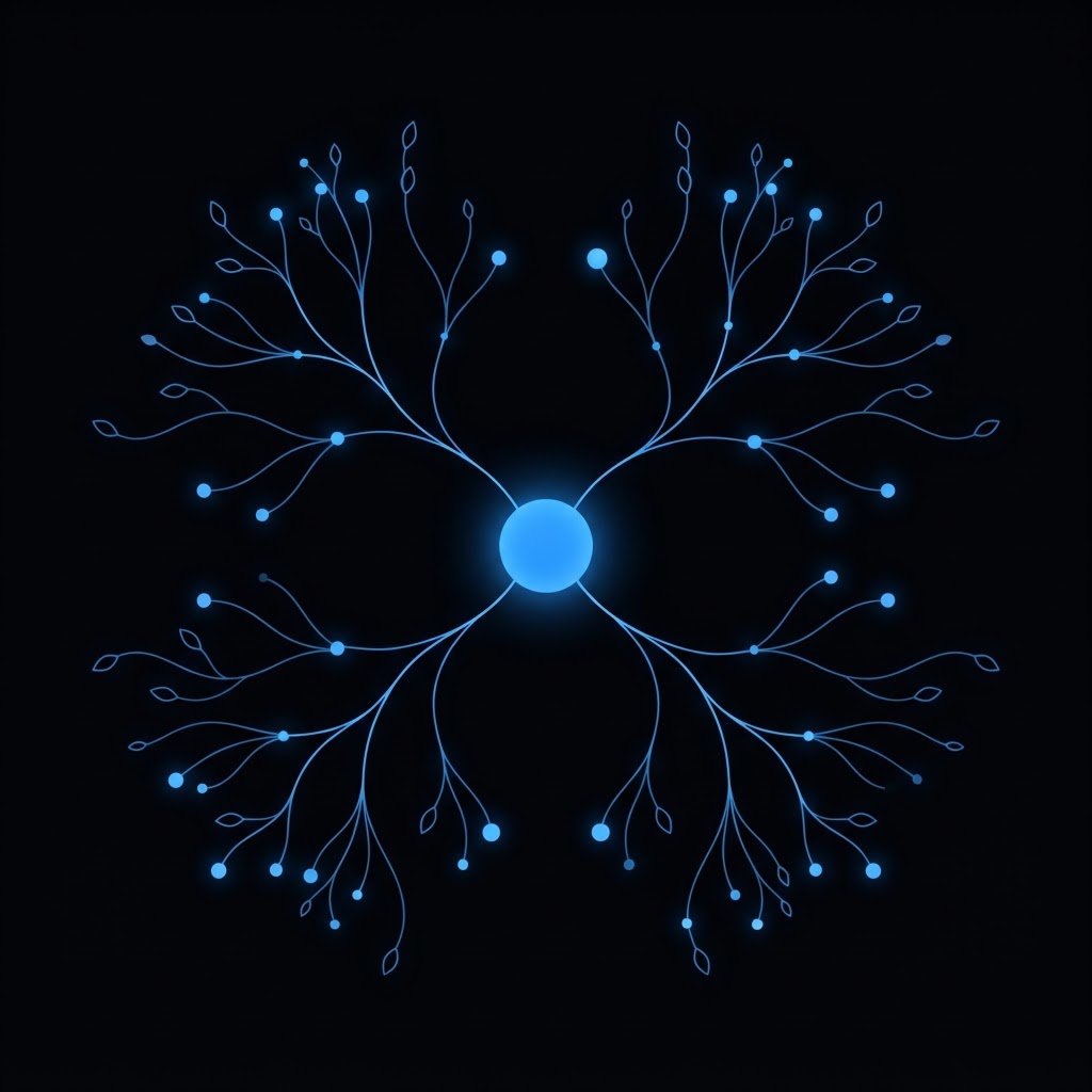 Ilustración de un mapa mental: un círculo central con ramas curvas y nodos azules sobre fondo negro.